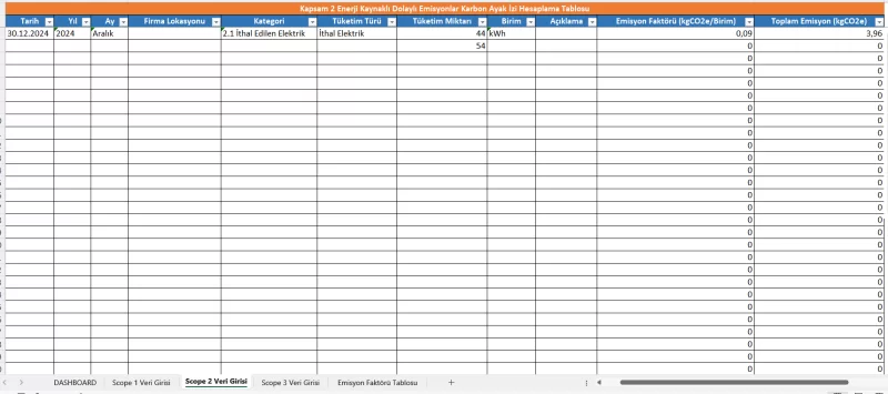 Kurumsal Karbon Ayak İzi Hesaplama Türkçe Excel Tablosu