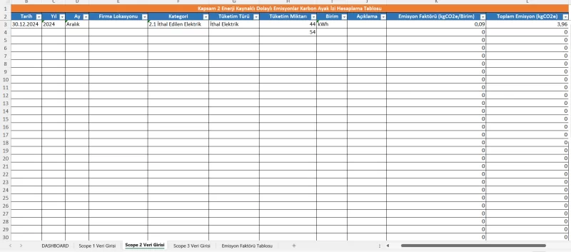 Kurumsal Karbon Ayak İzi Hesaplama Türkçe Excel Tablosu